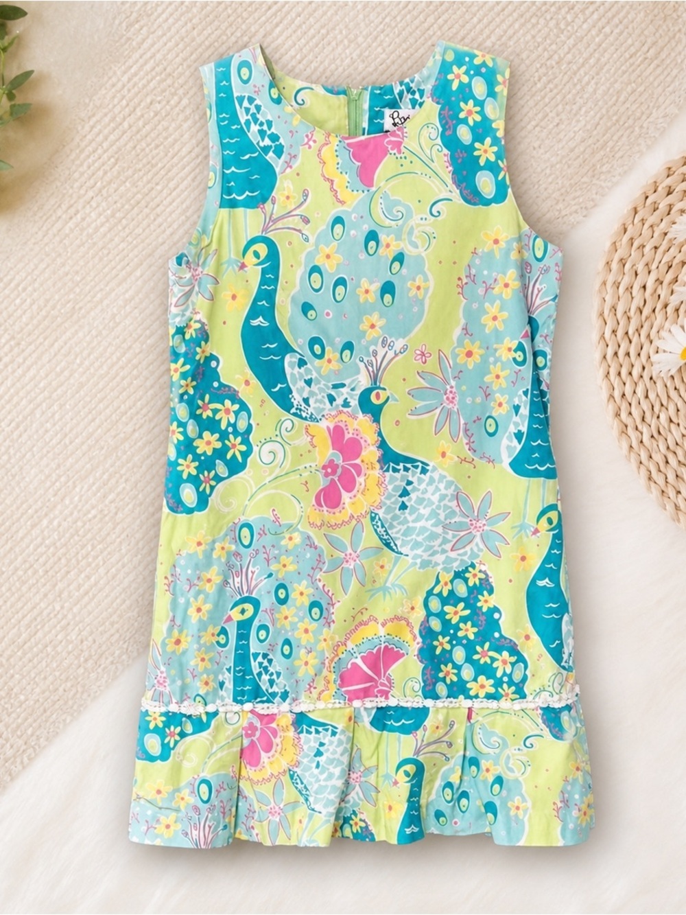 Lilly Pulitzer Early 2000s Vintage White Label Girl’s Peacock Shift Dress 16